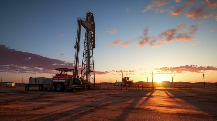 Desert drilling rig at sunrise – آغاز عملیات حفاری سطحی